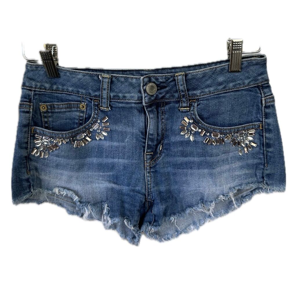American Eagle Women's Embellished Rhinestones Raw Hem Faded Denim Shorts 0
